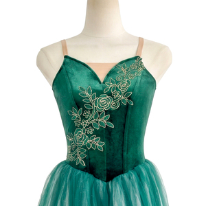 Tutu de ballet romantique en velours vert émeraude, broderie florale, tulle doux, robe longue pour la performance de ballet classique sur scène - Product Image 2