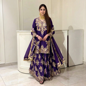 Traje Sharara Azul Oscuro Bordado para Mujer, Ropa India y Pakistaní, Atuendo de Fiesta y Boda con Lentejuelas, Secado Rápido - Product Image 1