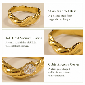 Pear Cubic Zirconia Twist <b>Ring</b> <b>Stainless</b> <b>Steel</b> 14K Gold Vacuum Plated Organic Sculptural Statement Jewelry - Product Image 3