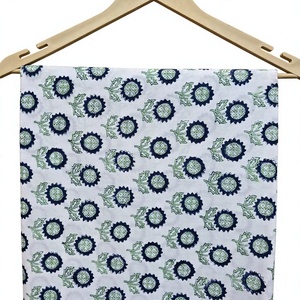 Premium Quality Hand Block Printed Cotton Fabric Featuring Unique <b>Navy</b> Blue Sunflower Medallions And Light Green Vine Leaves - Product Image 1