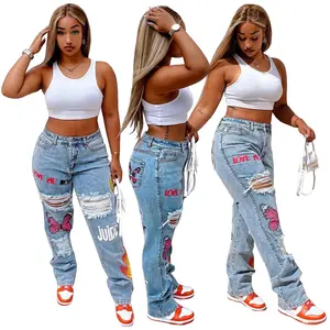 Jeans sexy rasgado feminino, jeans jeans borboleta para mulheres, casual, baggy