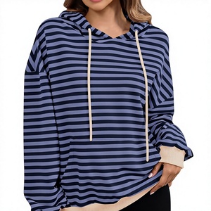 Sweat-shirts rayés pour femmes, pull à capuche oversize avec cordon de serrage, pull ample décontracté en polaire pour l'hiver et l'automne - Product Image 6