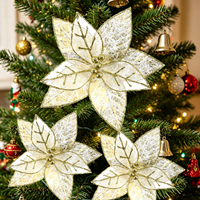 Flor de Poinsettia Navideña Blanca con Brillo Dorado, Flor de Tela de 10 Pulgadas para Decoración de Coronas, Guirnaldas y Árboles, Venta al por Mayor
