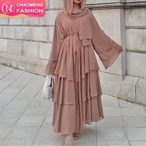 1896#Latest high quality 3 layer simple chiffon islamic clothing open front kimono cardigans muslim women black dubai abaya