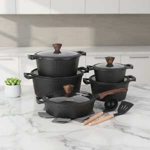 Luxury White Die Cast Aluminum Cookware Set 15pcs Textured Diamond Pattern Non-Stick Pots and Pans With Wood <strong>Knobs</strong> Casseroles - Product Image 3