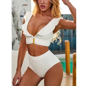 2023 החדש נשים ביקיני סטים ruffle רחצה בגד ים בגד ים מוצק לבן-צוואר גבוה מותניים monokini בגדי ים