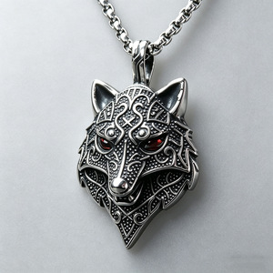 yunnique Pendentif Tête de Loup en Acier Inoxydable pour Homme, Collier Animal à Œil Rouge, Bijoux de Style Ethnique, Design Géométrique, Sertissage Pavé - Product Image 3