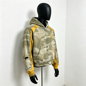 Felpa con Zip <span class=keywords><strong>Y2K</strong></span>, Patchwork Mimetico Giallo Senape, Giacca Vintage Effetto Invecchiato con Grafica Personalizzata - Product Image 5