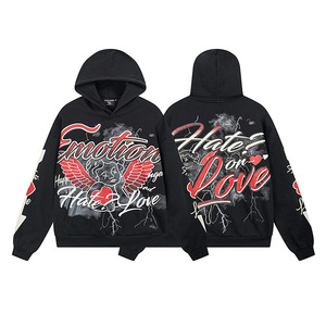 Felpa con Cappuccio Vintage Stile Streetwear Y2K da Uomo, Design Pesante con Graffiti Retrò MIXED EMOTION in Cotone - Product Image 5