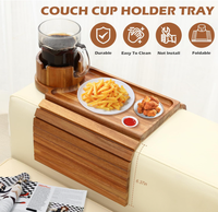 Plateau pliable en bois pour accoudoir de canapé avec porte-gobelet rotatif, finition brillante antidérapante, organisateur de rangement portable pour salon
