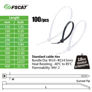 Fscat 3.6*200mm tự khóa Nylon 66 quan hệ Cáp màu đen UV kháng Nylon nhựa quan hệ Zip quan hệ cáp