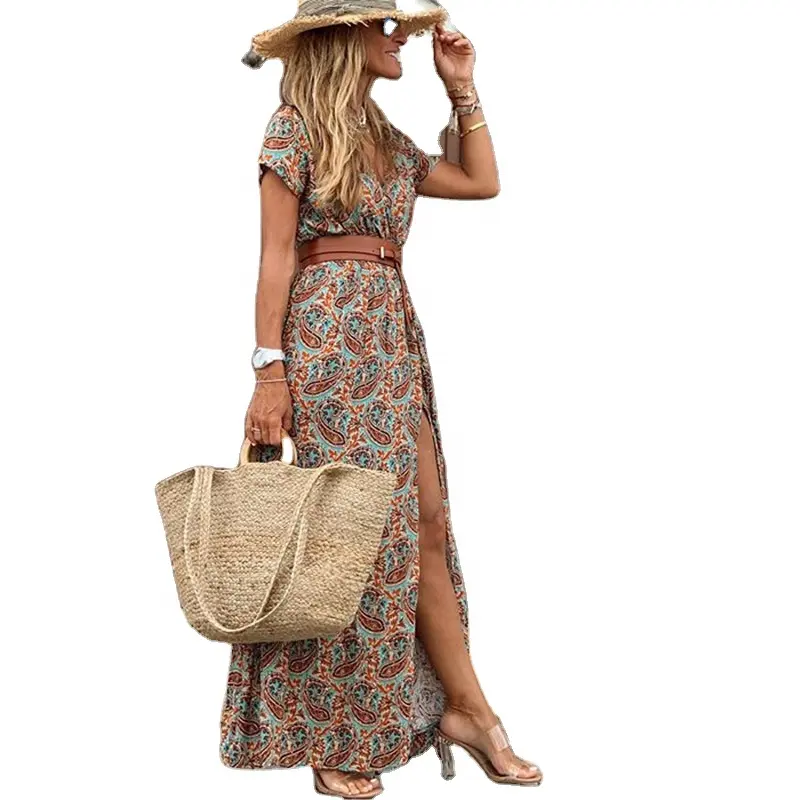 Fashion Boho Long Dress for Women V Neck Short Sleeve Paisley Print Belt Large Hem Beach Long Dress Elegant Women's Dress 2021