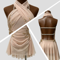 Robe de danse lyrique froncée sur mesure, costume de patinage professionnel orné de strass, tenue de danse moderne ornée de cristaux dorés