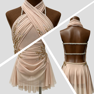 Robe de danse lyrique froncée sur mesure, costume de patinage professionnel orné de strass, tenue de danse moderne ornée de cristaux dorés - Product Image 2