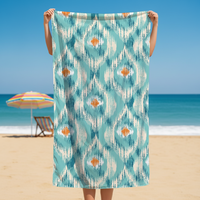 Serviette de bain et couverture de plage surdimensionnées en microfibre antimicrobienne écologique à séchage rapide, motif Ikat turquoise, sans sable, super absorbante