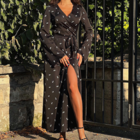 Robes longues à col en V et ceinture pour femmes, vente en gros, précommande, élégantes, manches longues, robe maxi pour femmes