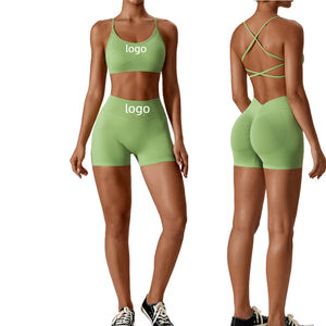 ठोस रंग नरम महिला जिम योग शॉर्ट सेट सेक्सी बैक खोखले खेल ब्रा + उच्च कमर खेल छोटे लेगिंग 2 पीसी तंग एथलेटिक - Product Image 1