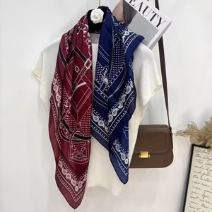 Foulard quadrato in raso con stampa Paisley retrò 90x90 cm, <span class=keywords><strong>bandana</strong></span> blu navy e <span class=keywords><strong>marrone</strong></span>, accessorio moda donna per collo e testa - Product Image 3