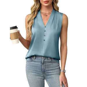 Top elegante sin mangas con cuello en V y botones de satén para mujer Primavera/Verano - Product Image 6
