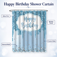 Rideau de douche Joyeux Anniversaire en tissu polyester imperméable, motif goutte de diamant bleu scintillant, décoratif pour fête