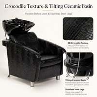 Fauteuil de lavage de luxe pour salon avec bac en céramique inclinable et unité de lavage en cuir gaufré crocodile pour salon de coiffure (vente en gros)