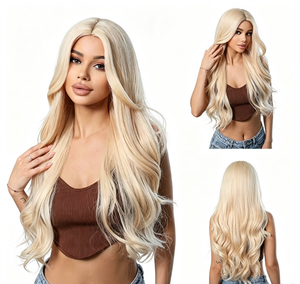 Peluca Larga Rizada de 28 Pulgadas, 150% de Densidad, Rubio Platino Sintético Resistente al Calor, con Raya al Centro, Cabello Dorado Claro a la Moda - Product Image 6