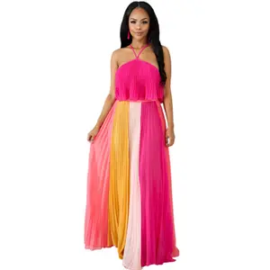 Wholesale price low MOQ new women's sexy hanging neck halter dress pleated contrast color dress for women