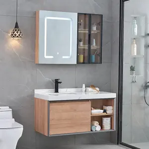 Wall Mounting Modern Wash Basin Set With Smart Mirror Cabinet And Plywood Bathroom Cabinet