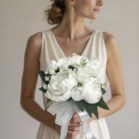 Élégant Bouquet de Mariée en Roses de Soie Blanches avec Cristal et Perle | Ensemble Complet Corsage et Corsage de Poignet, Taille et Couleur Personnalisables