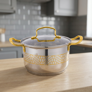 Casserole en acier inoxydable avec motif doré et couvercle en verre, design moderne et luxueux, durable, pour cuisinière à gaz et à induction - Product Image 3