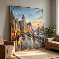 Peinture à l'huile peinte à la main, scène de rue parisienne, grand tableau impressionniste, paysage urbain pluvieux, art mural sur toile