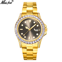 Reloj de Pulsera de Acero Inoxidable con Esfera de Diamantes de Hip Hop al por Mayor, Reloj de Cuarzo con Movimiento Japonés, Reloj de Oro con Piedras de Arcoíris para Hombre