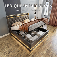 Lit de rangement de style européen noir, taille Queen, durable, doux, avec fonction LED 360°, boutons, applications, télécommande, cadre en bois