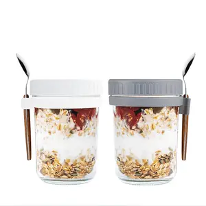 16oz Portable Glass Breakfast Overnight Oat Mason Jars Plastic Container With Lids And Spoon Straw Set For Overnight Oats