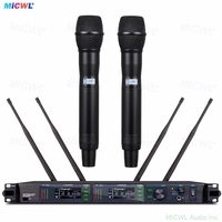 Système de microphone sans fil numérique UHF ULXD4-LED 200 canaux avec deux micros portatifs KSM9 argentés et KSM8 longue portée cryptés pour la scène