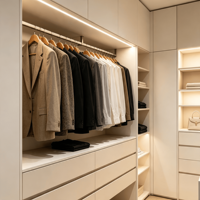 Système de dressing moderne en bois sur mesure, armoire haute sans poignée laquée blanche avec éclairage LED central