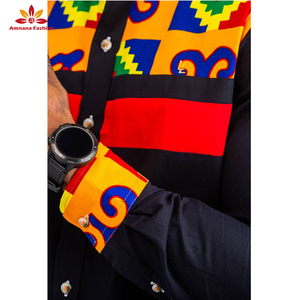 Chemises à col Mandarin pour <span class=keywords><strong>homme</strong></span>, vêtement avec imprimé en cire <span class=keywords><strong>africaine</strong></span>, en patchwork, à bande noire, <span class=keywords><strong>2021</strong></span> - Product Image 4