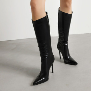Bottes mi-mollet en cuir noir brillant pour femme, style décontracté, sexy et luxueux, pour l'automne et l'hiver - Product Image 2