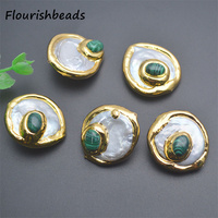 Accessoires de bijouterie, plaqué or 18 carats, métal cuivre, forme de pièce ronde, pierre de malachite synthétique, perles d'eau douce naturelles, perles en vrac