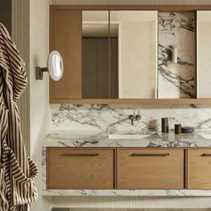 Modern Floating <b>Bathroom</b> Vanity Wall Mounted Cabinet with Wood Stripe Design and Ample Storage for Home or Hotel - Product Image 3