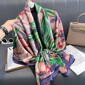 2024 Fashion Dark Green African Silk Scarf Black And White Silk Scarf For Women 180cm Head Scarf