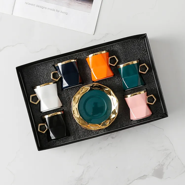 Geometric design colorful gold rim cup and saucer gift set italian espresso cups ceramic coffee cups of 6