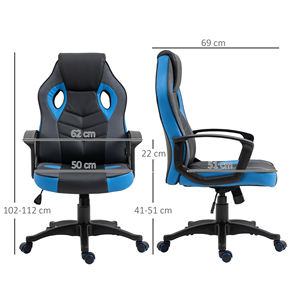 Vinsetto Ergonomic Gaming <b>Chair</b>, Swivel Office <b>Chair</b> <b>with</b> <b>Wheels</b> in Black and Blue PU Leather, Adjustable Height - Product Image 3