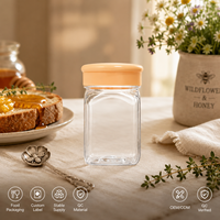Pot en plastique transparent carré pour miel, avec couvercle lisse, qualité alimentaire, hermétique, pour le stockage des fruits secs et des noix, vente en gros