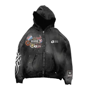 2024 personnalisé fermeture éclair jusqu'à 430 GSM Boxy Fit ourlet brut à capuche surdimensionné soleil délavé à capuche en détresse broderie acide lavage hommes sweats à capuche - Product Image 5