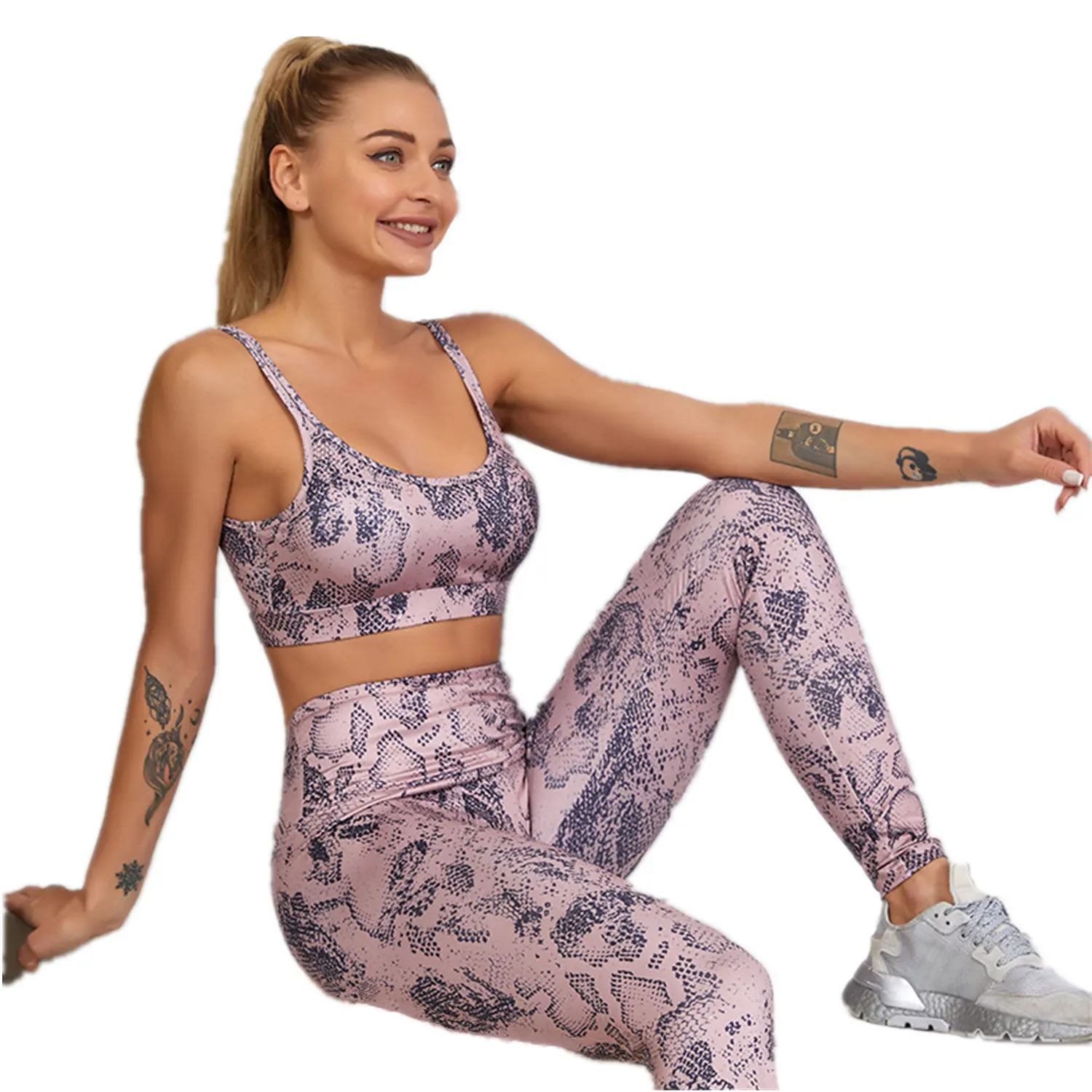 Personalizzato di Stampa Digitale di Alta Elastico pantaloni di Yoga Delle Donne del Vestito di Pelle di Serpente di Modo Del Reggiseno Top Tummy Controllo Sportswear