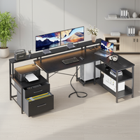 Bureau d'ordinateur modulaire en bois en forme de L, grand format, avec éclairage LED, design ergonomique d'angle, support pour moniteur et armoire de rangement Simple Century