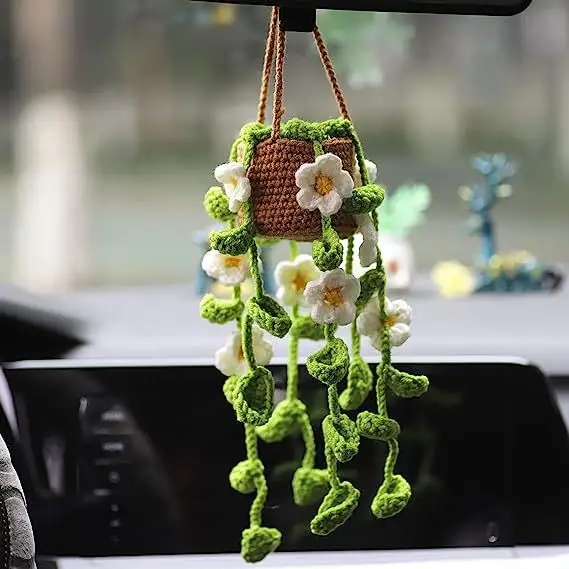 زهور كروشيه صناعية مصنوعة يدويًا من النباتات زهور صغيرة محاكة من الزهور زهور كروشيه زينة للنباتات للتعليق بالسيارات