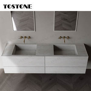 Meuble de salle de bain Tostone moderne et minimaliste avec double vasque murale, plan de travail en <span class=keywords><strong>pierre</strong></span>, <span class=keywords><strong>pierre</strong></span> <span class=keywords><strong>calcaire</strong></span> <span class=keywords><strong>blanche</strong></span>, pour appartement - Product Image 2