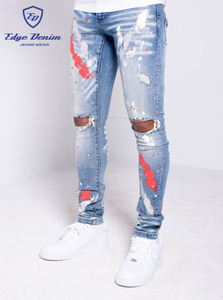 Edge Denim China Factory estate autunno uomo pantaloni elasticizzati in Denim rosso vernice elasticizzata pantaloni moda <span class=keywords><strong>Skinny</strong></span> <span class=keywords><strong>Fit</strong></span> - Product Image 3